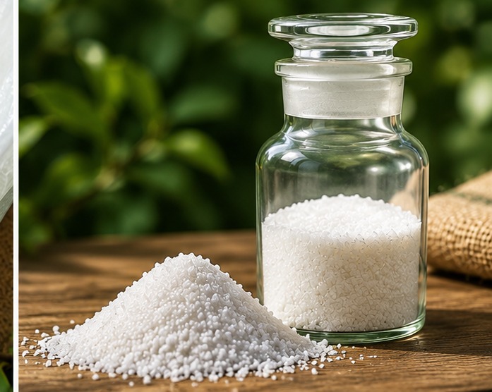 Glass sample jar containing white ammonium sulfate